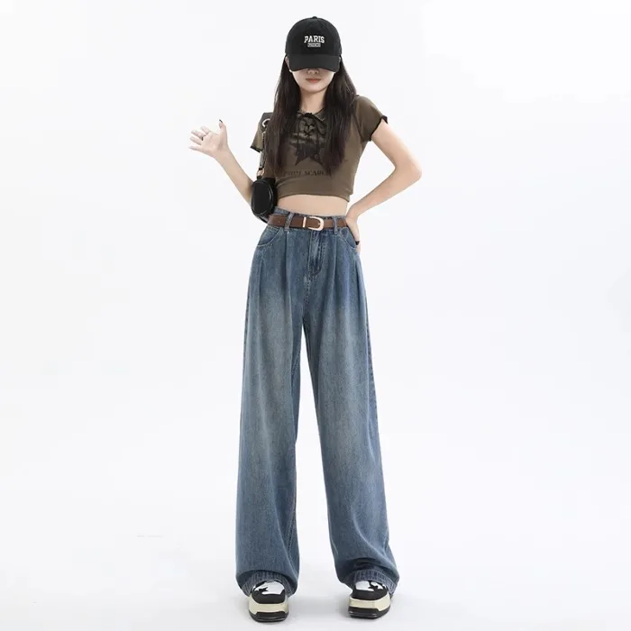 Gold Korean Light Wash Wide Leg Jeans Women's Summer Thin High Waist Straight Leg Pants Small Size Wrinkle Floor-Length Pants