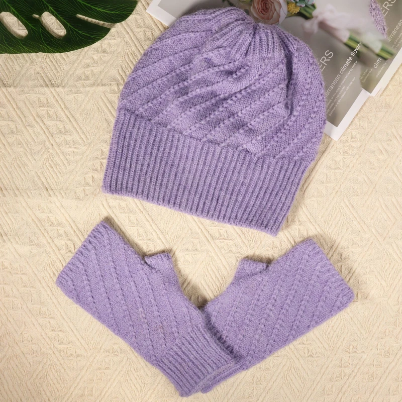 Winter Knitted Hat Gloves Two Piece Solid Color Woolen Soft Thickened Warm Unisex Gloves Hat Suit for Outdoor Travel Sport Ski