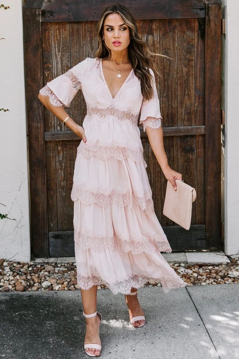 

2021 Spring/Summer New Summer Chiffon Deep V-Head Lace Long Dress Straight