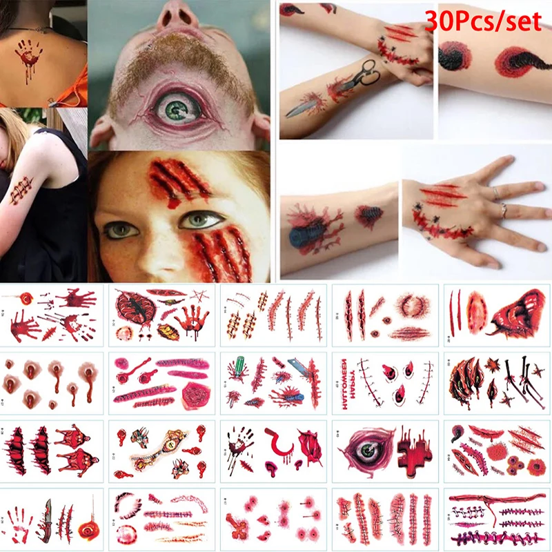 

30PCS Halloween Waterproof Temporary Tattoo Stickers Sexy Bloody Makeup Zombie Scar Tattoo Decoration Wound Horror Blood Sticker