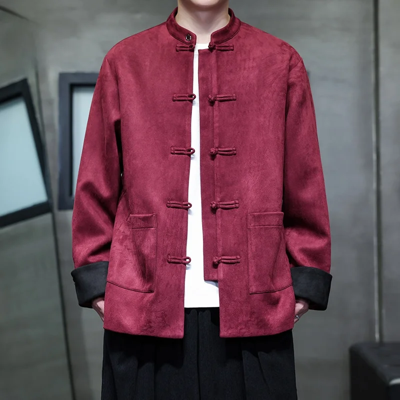 

Red Wine Color Trendy Brand Tang Costume Men's High-End Suede Jacket Loose Large Size Stand Collar Zhongshan Coat Outerwear