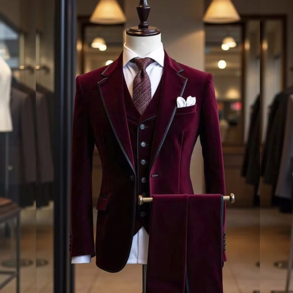 Gentleman Velvet Autumn Winter Suits Set, Men's Formal Tuxedo, Three Pieces, Notched Lapel, Handsome Groom Wear, Dancing Party - Image 2
