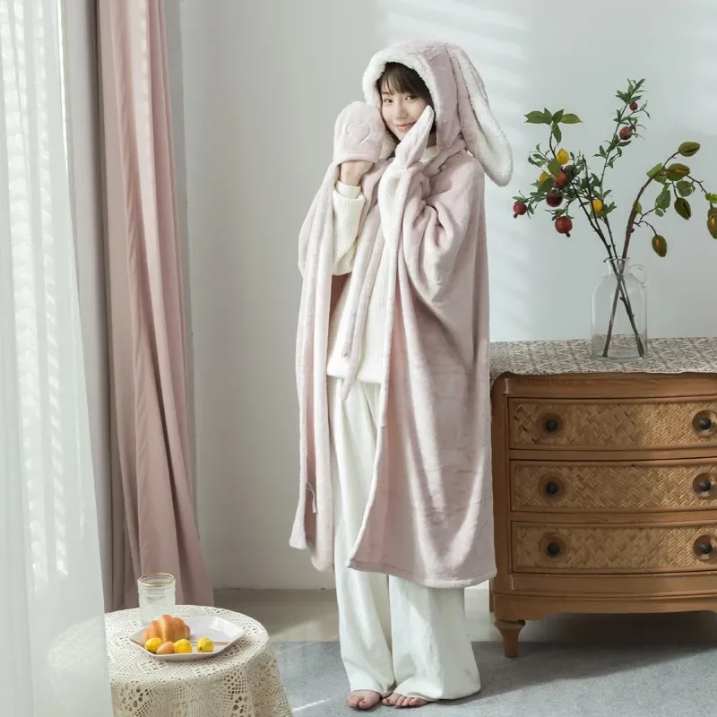 Hooded Cloak Blankets Comfortable for Picnic Travel Fleece Wearable Throw Blanket Rabbit Ear Thickened Hooded Cloak Winter Warm