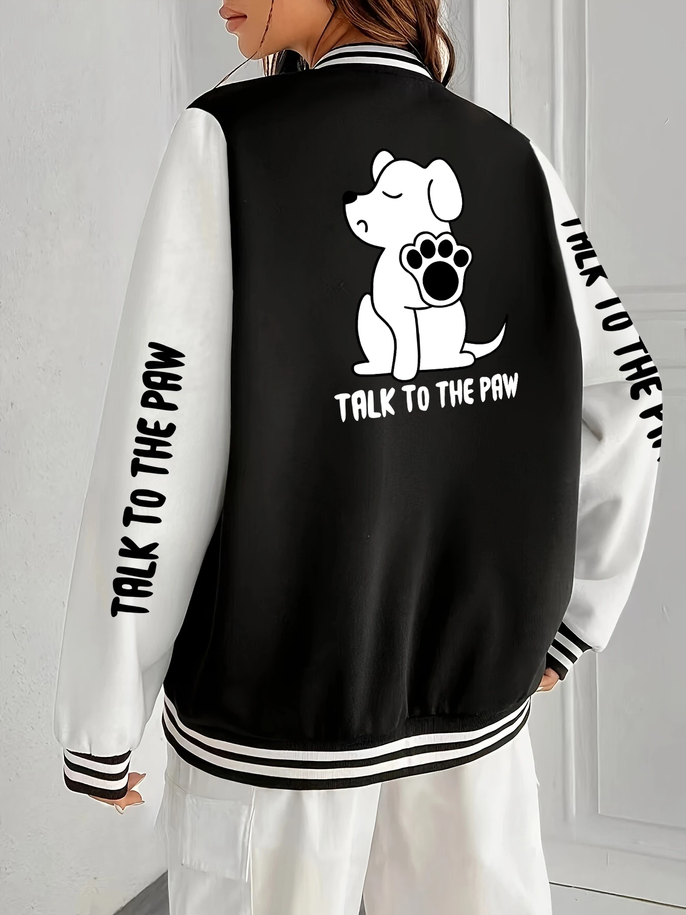 

Talk To The Paw Мультяшные принты собаки Женские куртки Спортивная теплая уличная одежда Свободная бейсбольная форма в стиле хип-хоп Женская осенняя уличная жилетка