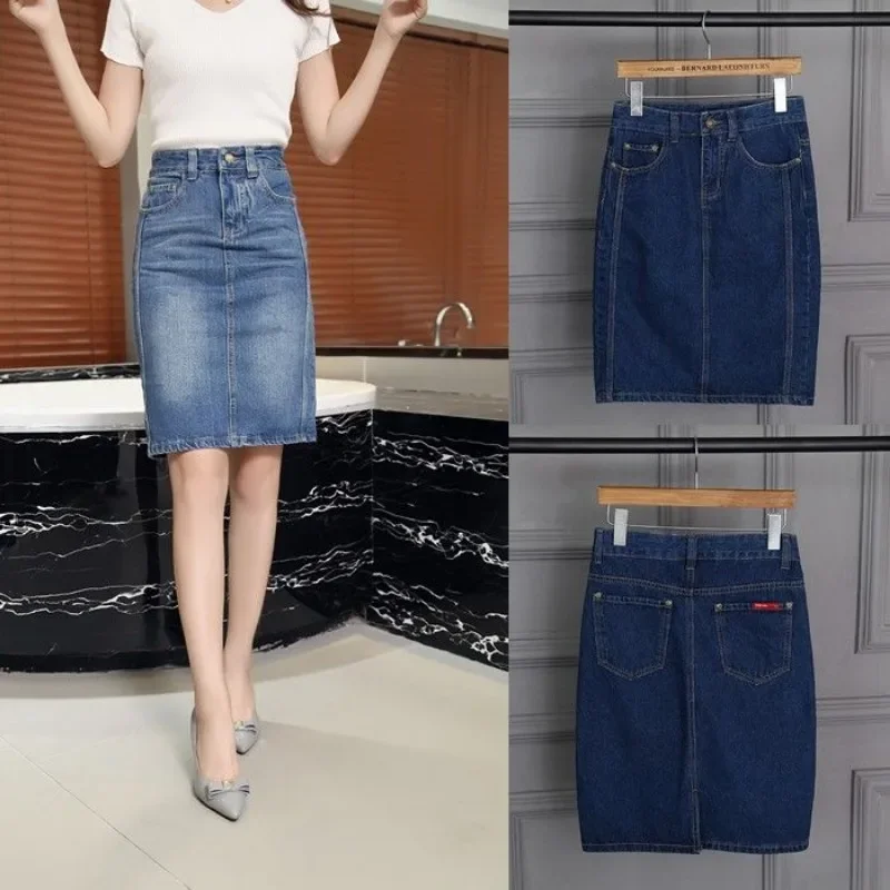 Female Jeans Skirts Midi To Knees Length High Waist Women's Denim Skirt Chubby Blue with Pocket Aesthetic Luxury Elegant Casual