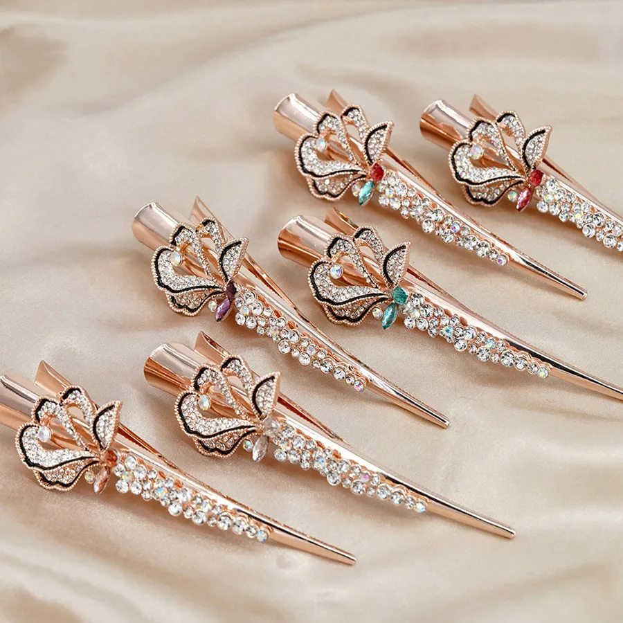 2023 new Korean style rose flower hairpin crystal zircon duckbill clip hairpin delicate ponytail alloy mother hairpin headdress