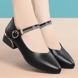 3cm 5cm Comfortable Breathable Shallow Med Square Heels Shoes 2025 Spring Black Ankle Buckle Soft Leather Mary Janes for Mom