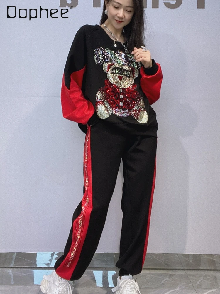 

Модный комплект со стразами в стиле пэчворк, круглый вырез, длинные рукава, комплект с длинными брюками для женщин, осенние повседневные свободные дизайнерские комплекты брюк, новинка 2023 года