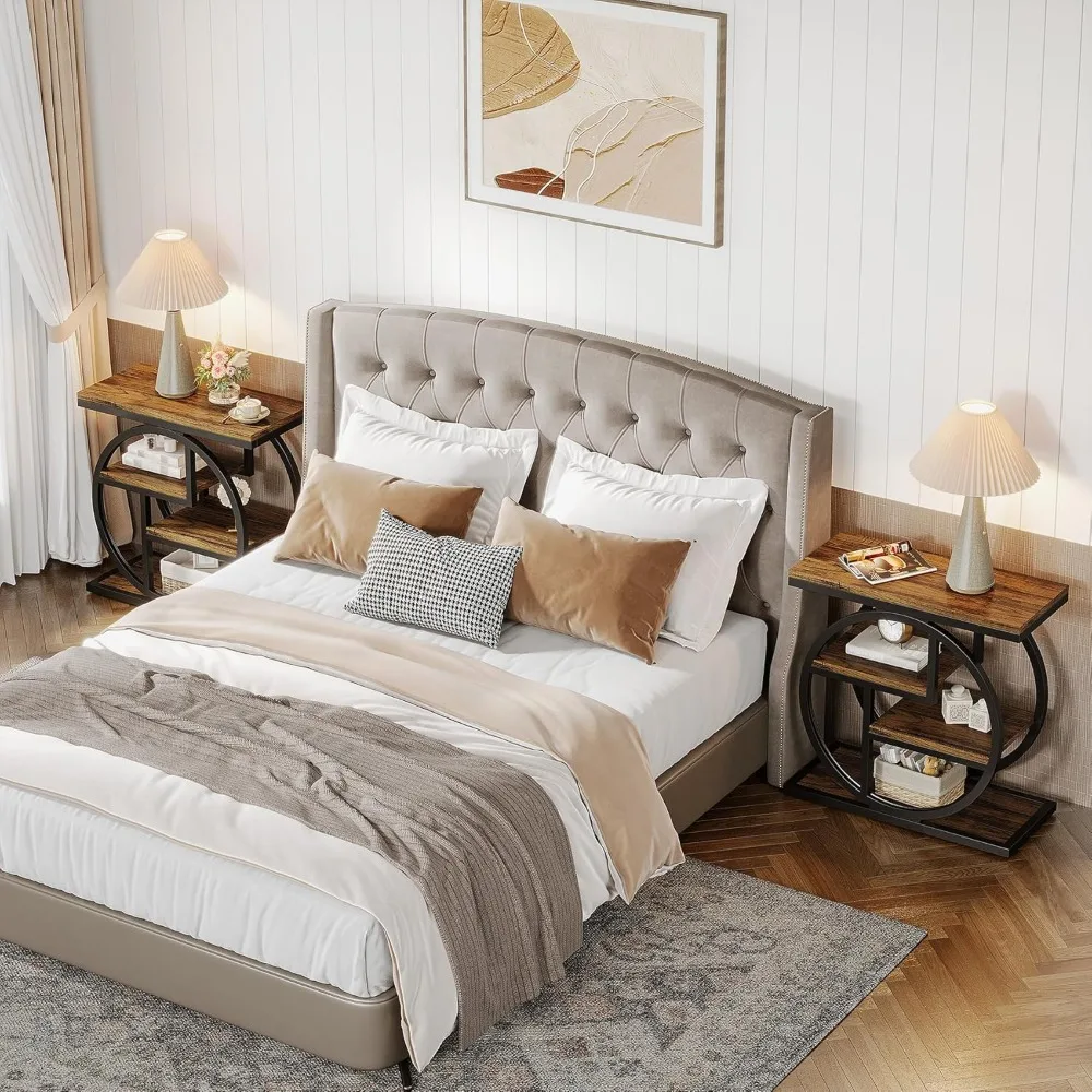 مجموعة طاولة جانبية مكونة من 2، طاولة جانبية ضيقة من 4 طبقات مع أرفف تخزين، طاولة جانبية للأريكة الصغيرة الخشبية مع معدن هندسي #4