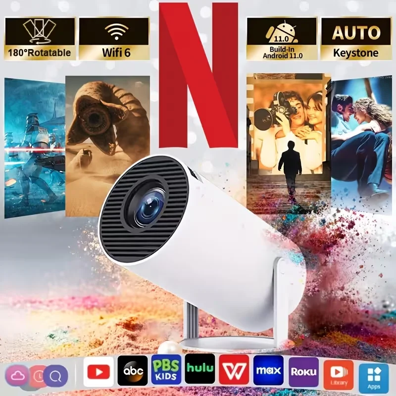 

Портативный проектор HY300, разрешение 720P, двухдиапазонный Wi-Fi 6, Android 11, 180° ° Поворотный видеопроектор с автоматической коррекцией трапецеидальных искажений