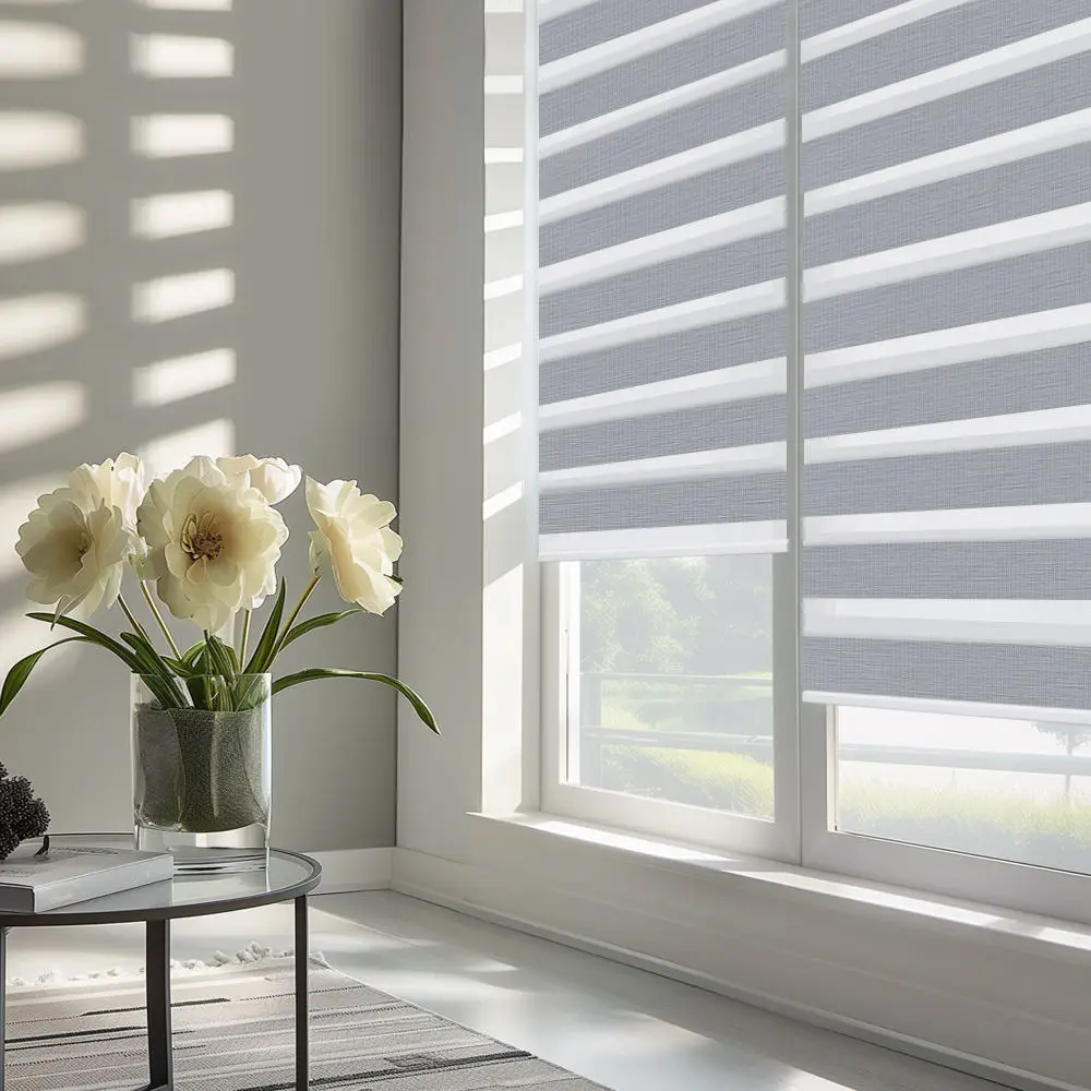 Smart Zebra Motorized Shades. Voice control ready. Rechargeable motor. Switch between sheer & blackout instantly. Perfect for