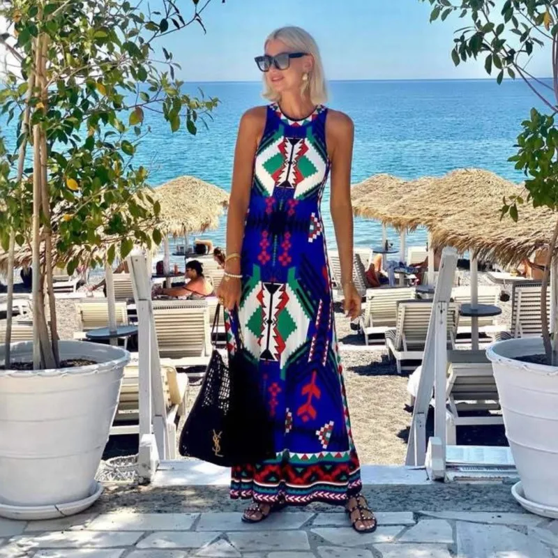 

Summer Sleeveless Vacation Long Dresses For Women 2025 New Vintage Geometric Pattern Print A-line Slim Beach Party Vest Dress