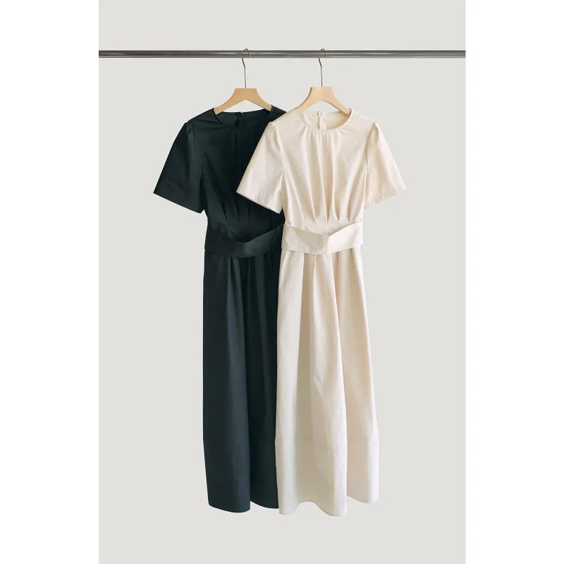 

Summer Cotton Versatile Commuter French Waist-hugging Lace-up Short-sleeved Mid-length Dress for Women