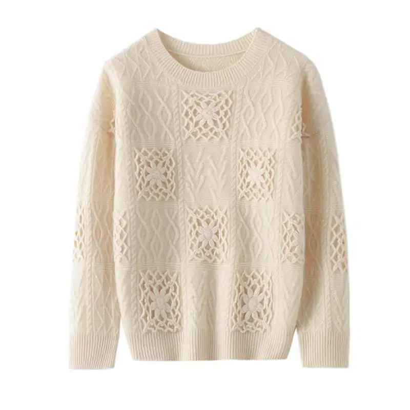 Not an ordinary high-quality feeling! Loose pure cashmere jacquard hollowed-out laid-back style round-neck knitted sweater for w