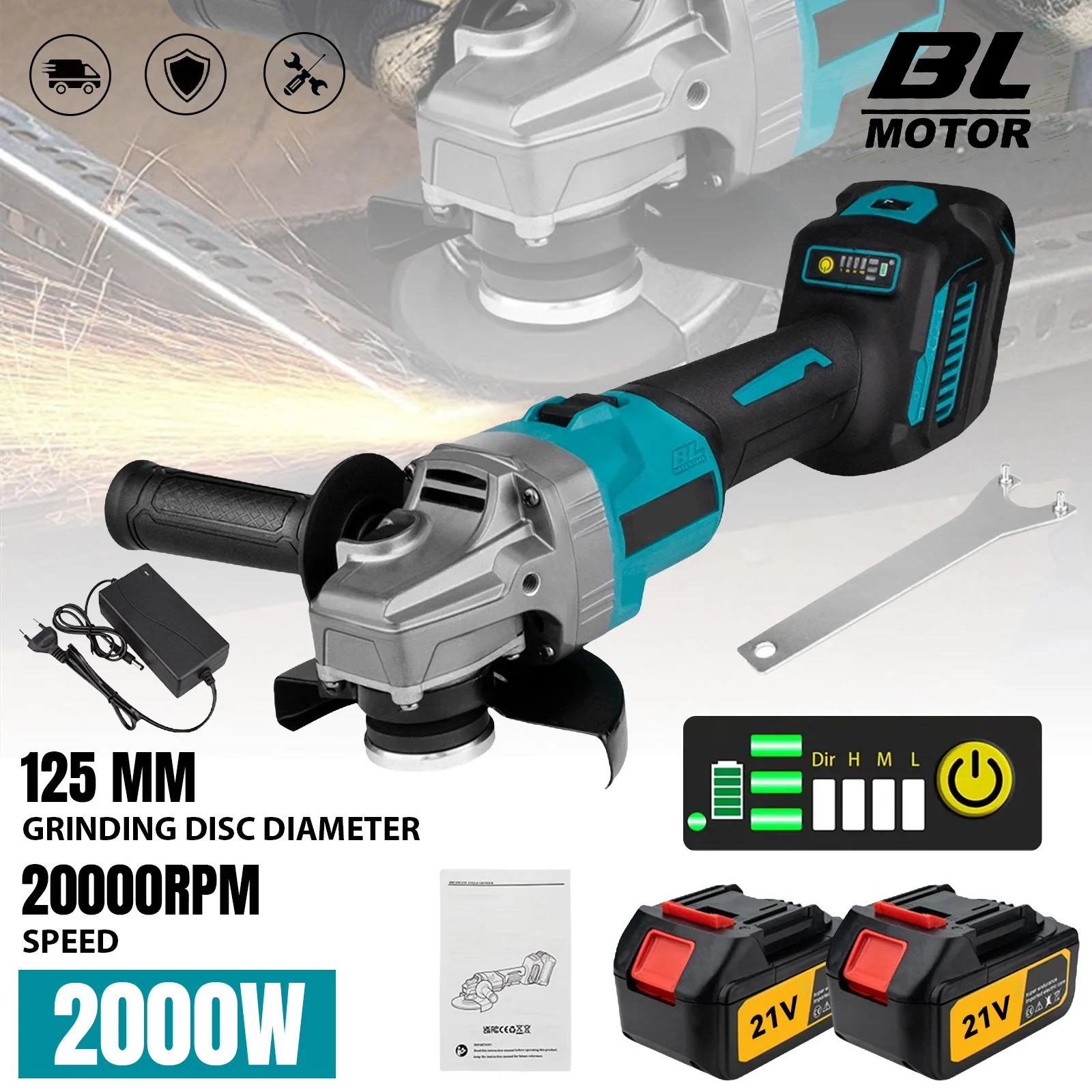Meuleuse d'angle électrique sans balais 2000W 125MM à vitesse variable M14 pour batterie Makita 18V, outil électrique pour le travail du bois, la découpe et le meulage