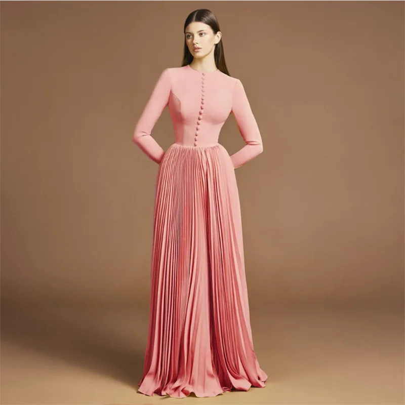 심플한 아랍 스타일 이브닝 드레스 맞춤형 라운드 넥 긴 소매 플리츠 버튼 바닥 길이 사우디 프롬 가운 정장 파티 드레스
