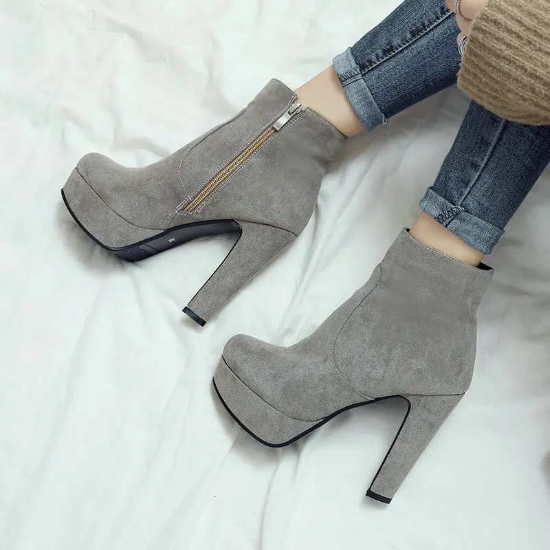 Faux Suede Leather Gray Ankle Short Bootie Round Toe Zip Up Classic Mature Ladies Winter Pumps Platform Block High Heels Boots