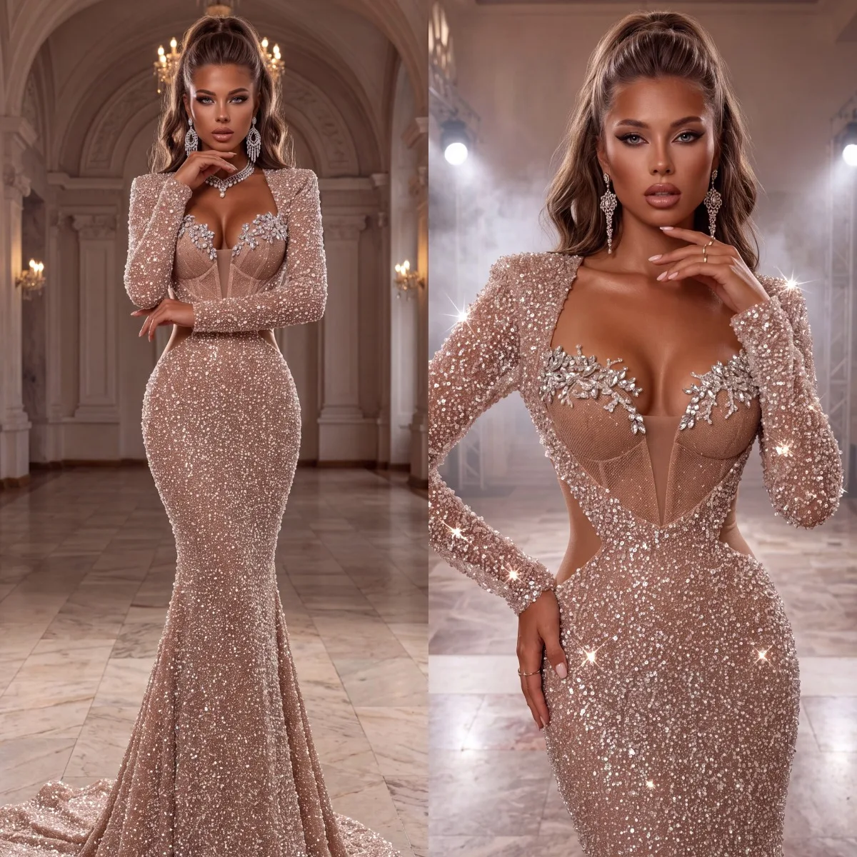 Sparkly Sequins Mermaid Wedding Dress Crystal Bridal Gown Long Sleeves Bride Dresses Slim Fit Customized Vestido De Novia