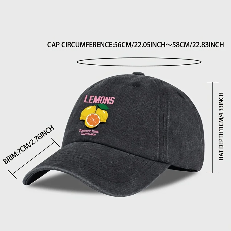 Summer Lemon Fashion Print Trendy Vintage Washed Baseball Cap, Lightweight, Comfortable and Breathable, with Adjustable Size. A
