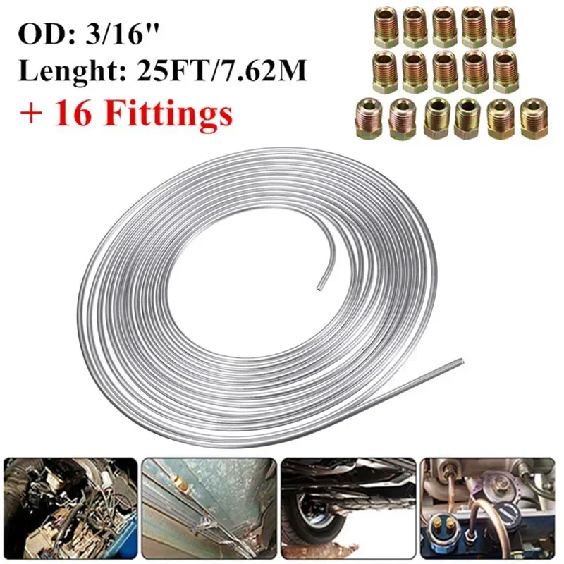 

7,62 м, 25 футов, катушка рулонной трубки, диаметр 3/16 дюйма, тормозная трубка, шланг, стальной цинковый комплект трубок с 16 фитингами, гайками для автомобиля, мотоцикла