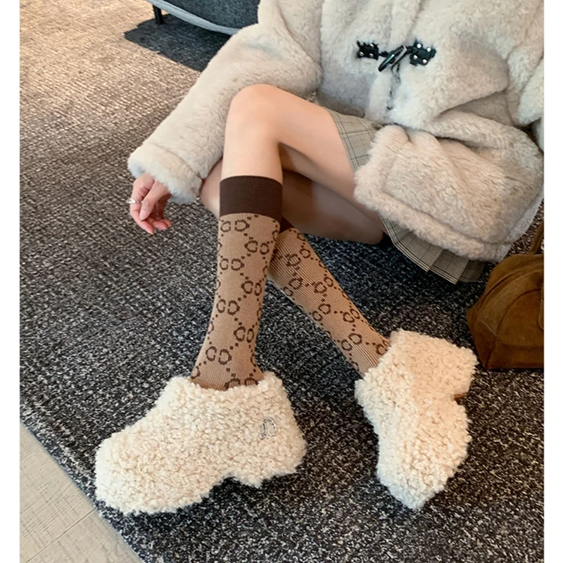 

Women's new autumn and winter round toe high heels with raised lamb wool inside, fashionable and warm casual single shoes