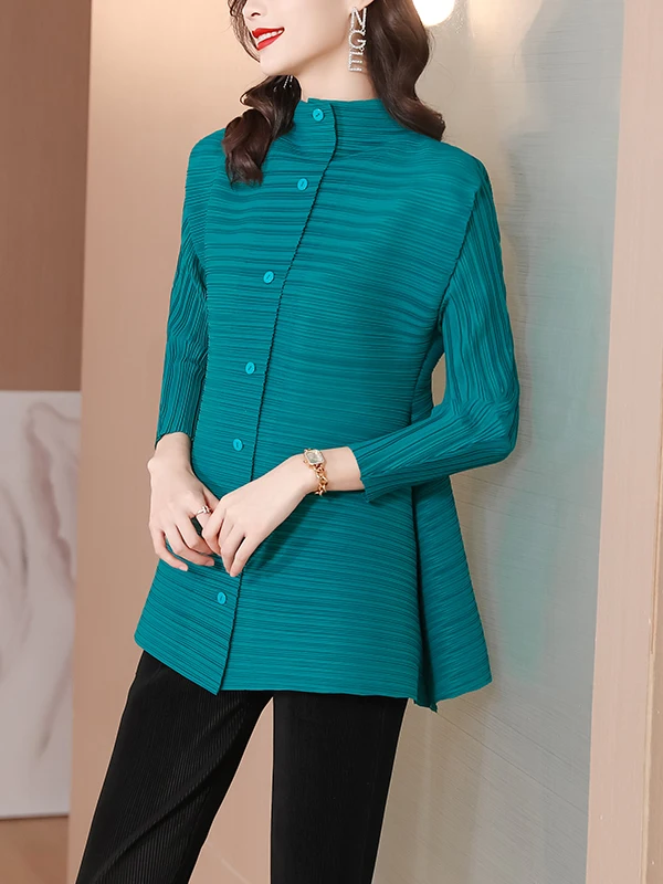 

Women's Pleated irt Spring Summer New Sle Single Button Stand Collar ort Coat OL Sle Commute Faion Polyester Long S...