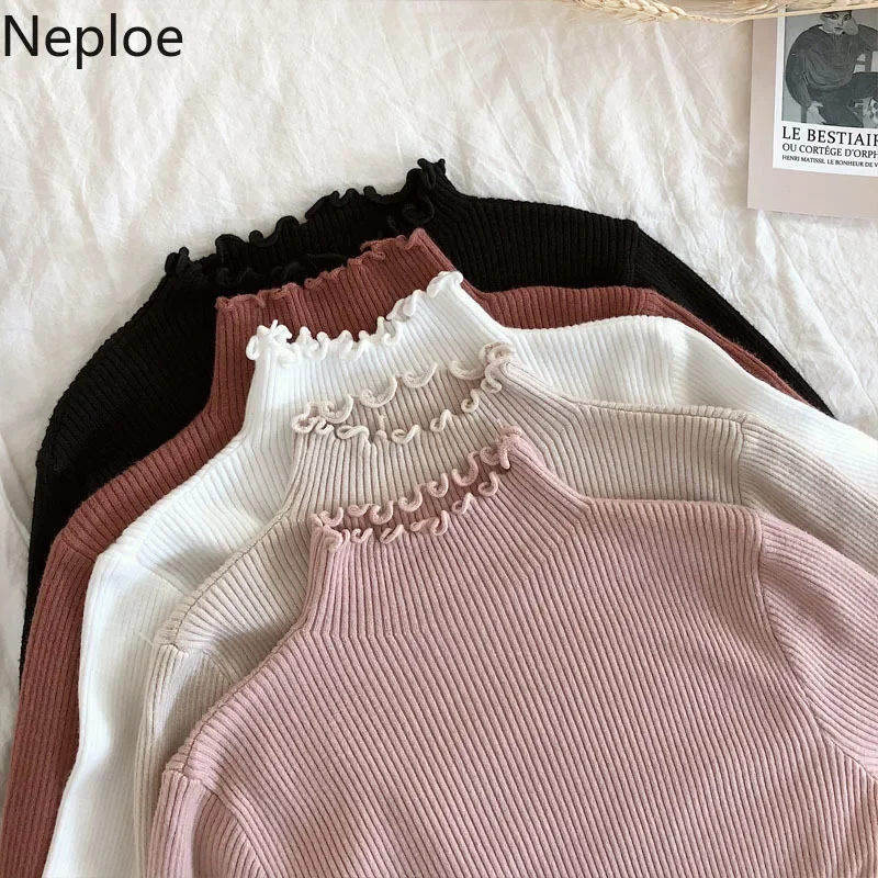 Neploe 2024 Fall Winter Ruffles Sweater Turtleneck Ruched Women Sweaters High Elastic Solid Female Slim Sexy Knitted Pullovers