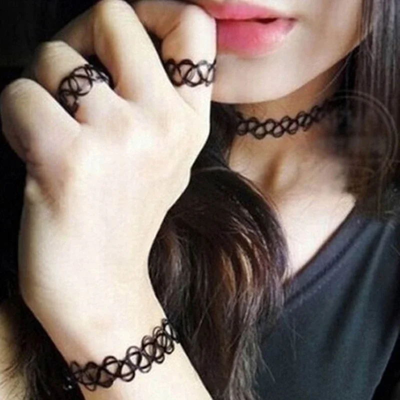 European and American Fashion Black Fishing Line Letter Tattoos Elastic Necklace Bracelet Ring Three-Piece Set for Women