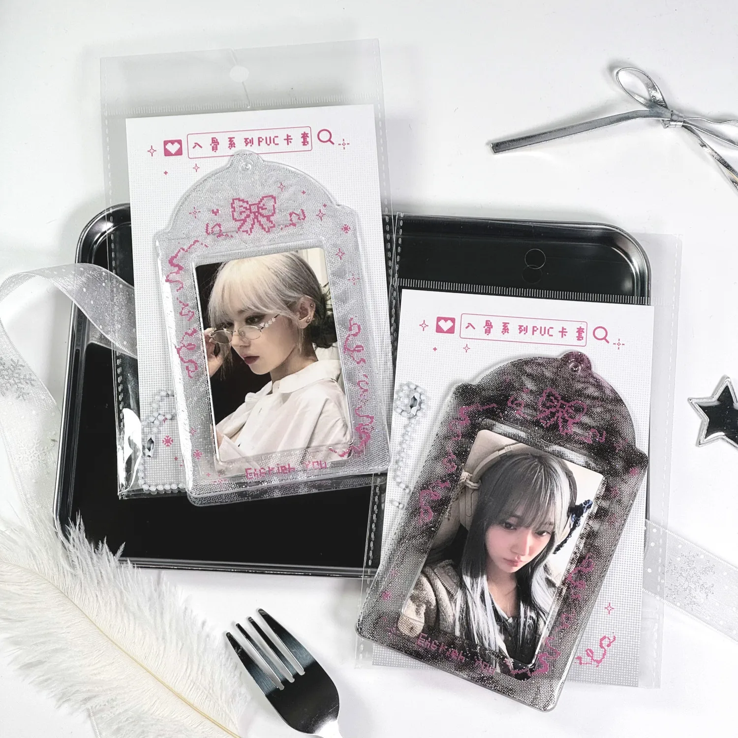 1Pc Y2K Sweet Cool Girl Bow Human Bone Transparent Card Holder KPOP Idol Photo Card Storage Protector Ita Bag Backpack Pendant