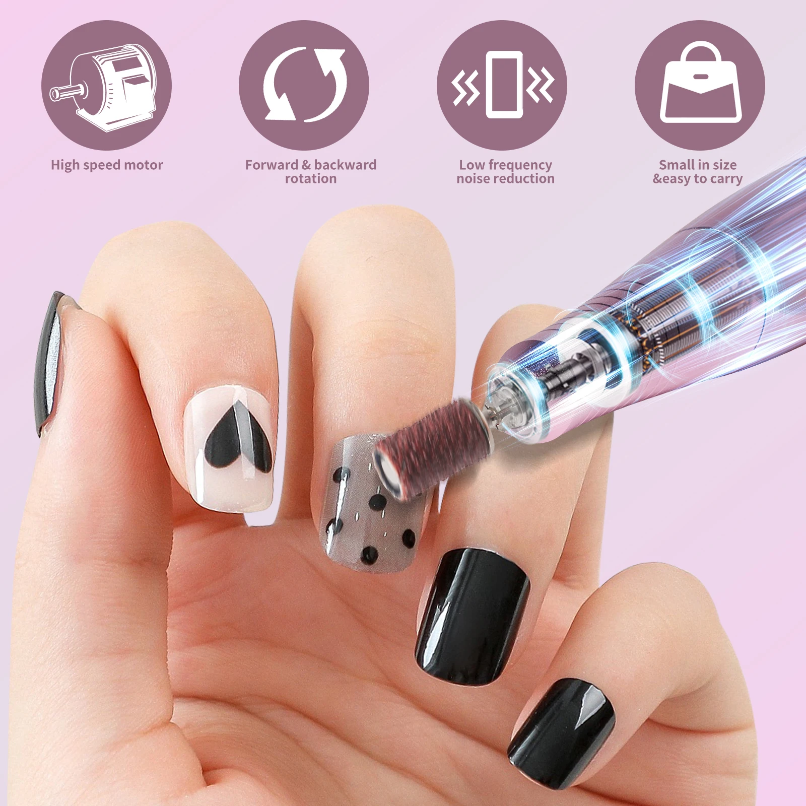 Lima de uñas eléctrica de 35000RPM, pluma perforadora de uñas portátil USB profesional, pluma perforadora de uñas de velocidad y dirección ajustables de poco ruido