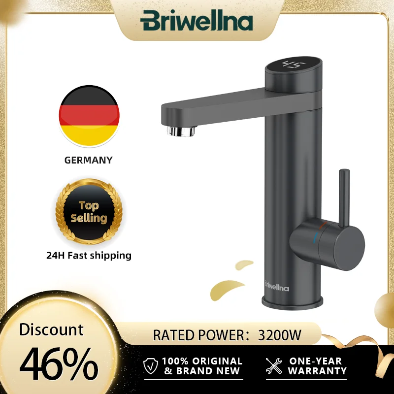 Briwellna Stainless Steel Electric Faucet With Digital Display 220V Instant Hot Water Tap Faucet 120° Swivel Spout Heating Tap