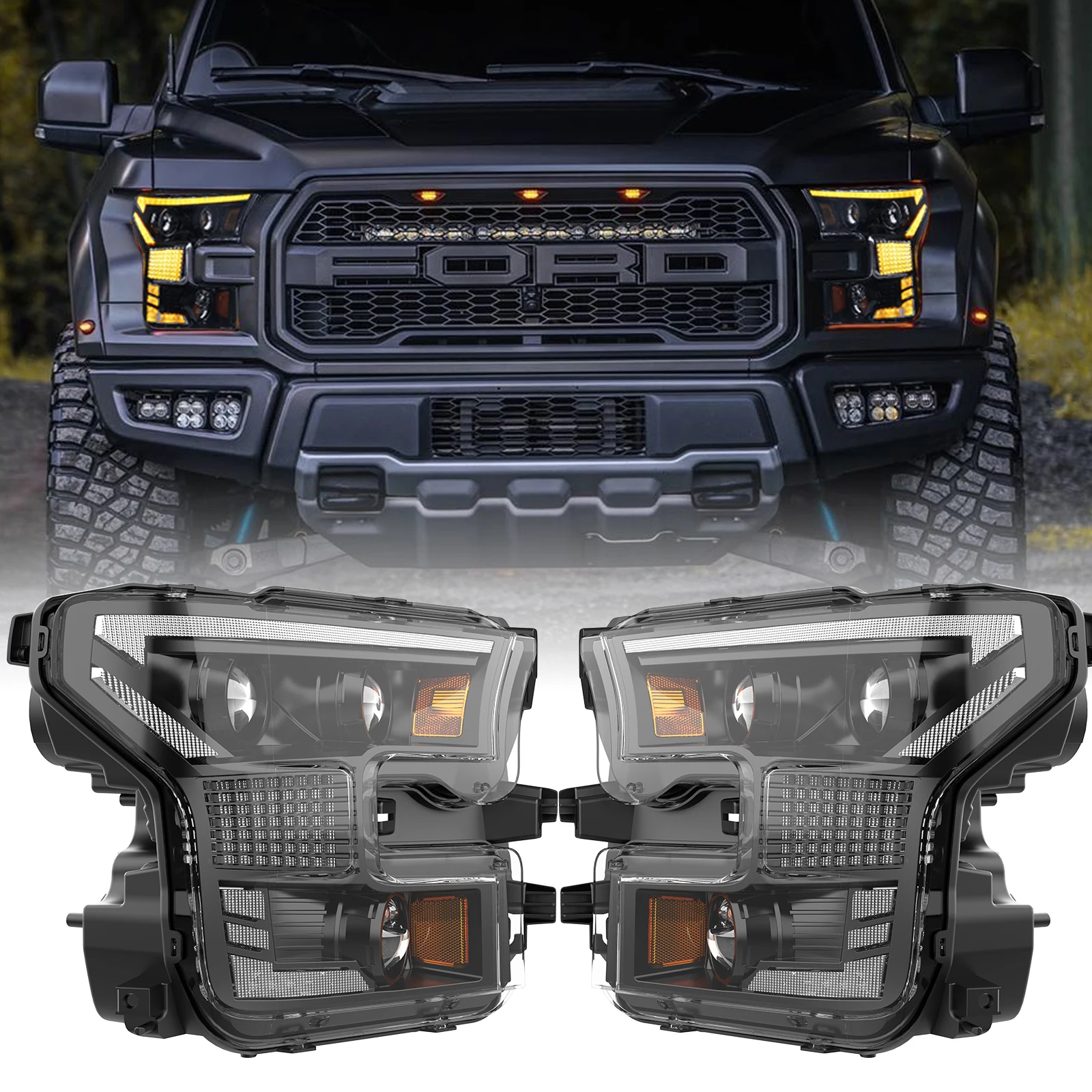 Factory Start Up Animation Amber Drl Raptors Full Led Headlight Front Lamp Dynamic Turn Signal For Ford F150 Pickup Headlights