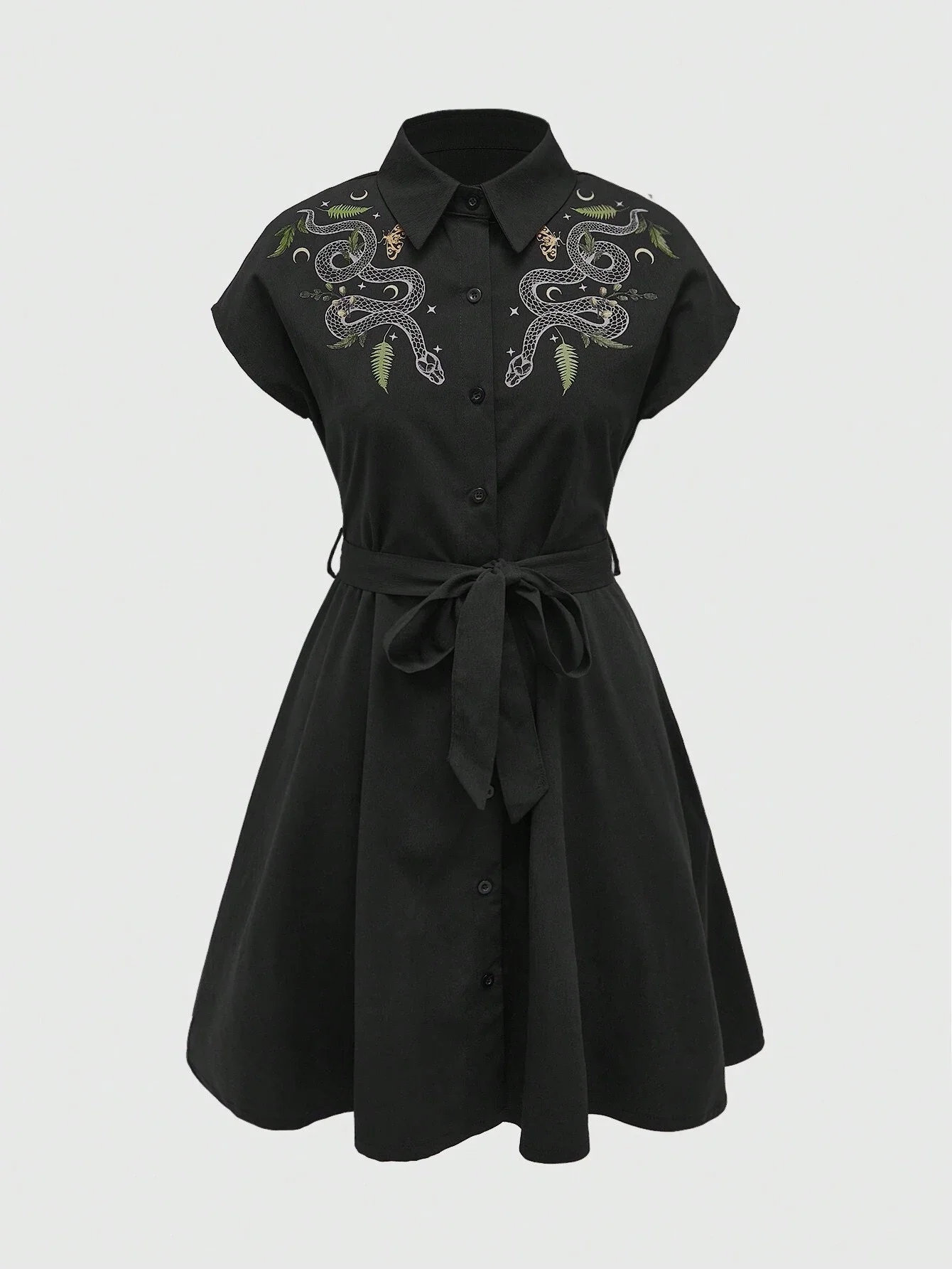 

Gothic Women Snake Butterfly Moon Star Print Short Sleeve Shirt Dress Casual
