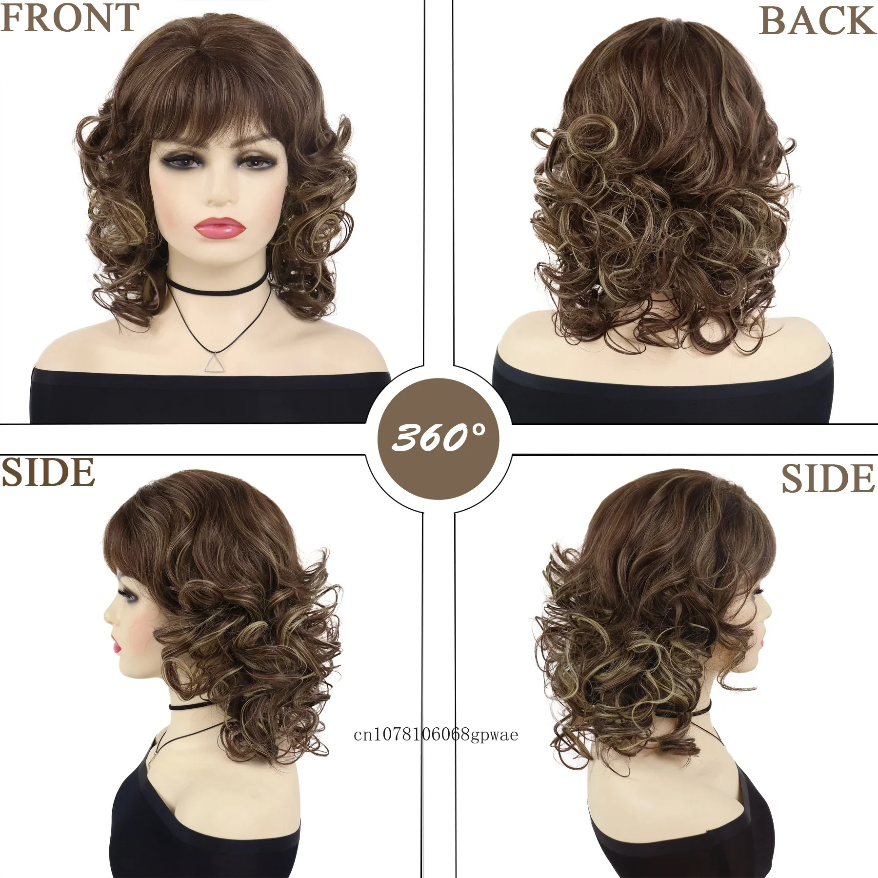 Fluffy Brown Wigs Synthetic Hair Bouncy Short Curly Wavy Wig with Bangs for Women Ladies Daily Costume Mommy Wig Heat Resistant