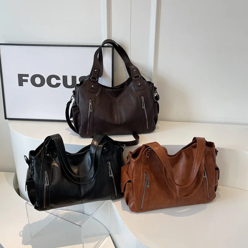 Women Vintage Waxed Faux Leather Tote Bag Multi Zipper Pockets Handbag Detachable Crossbody Strap Large Shoulder Purse