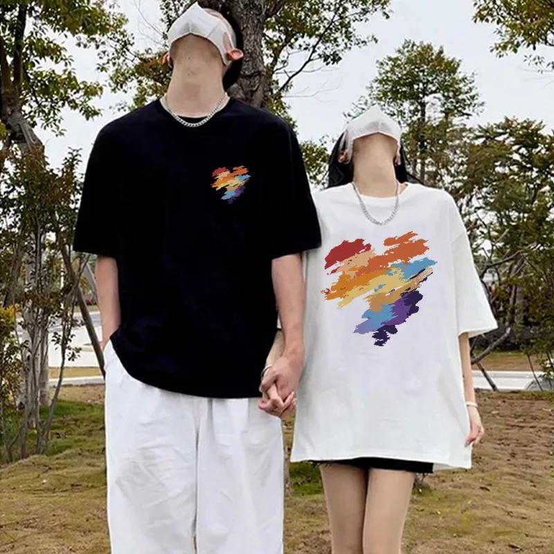 Rainbow Love Heart Print Couple T-Shirt Combo For Boyfriends Girlfriends Matching Tee Top Summer Men Women Short Sleeve Tshirt