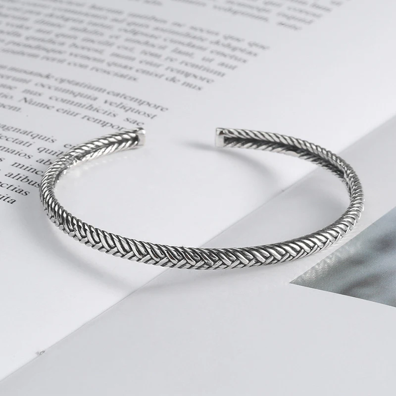 Foxanry Silver Color Weave Texture Cuff Bracelet For Women Couples Minimalist Creative Fashion Vintage Birthday Jewelry Gifts