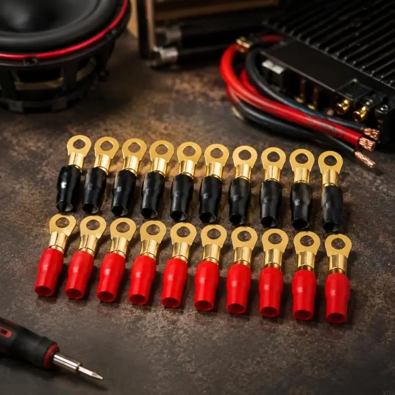 M76E Roter und schwarzer 4-AWG-Drahtklemmensatz für Kfz-Soundsysteme, 20 Messingösenstücke und 20 separate Hülsen für – Detail 3