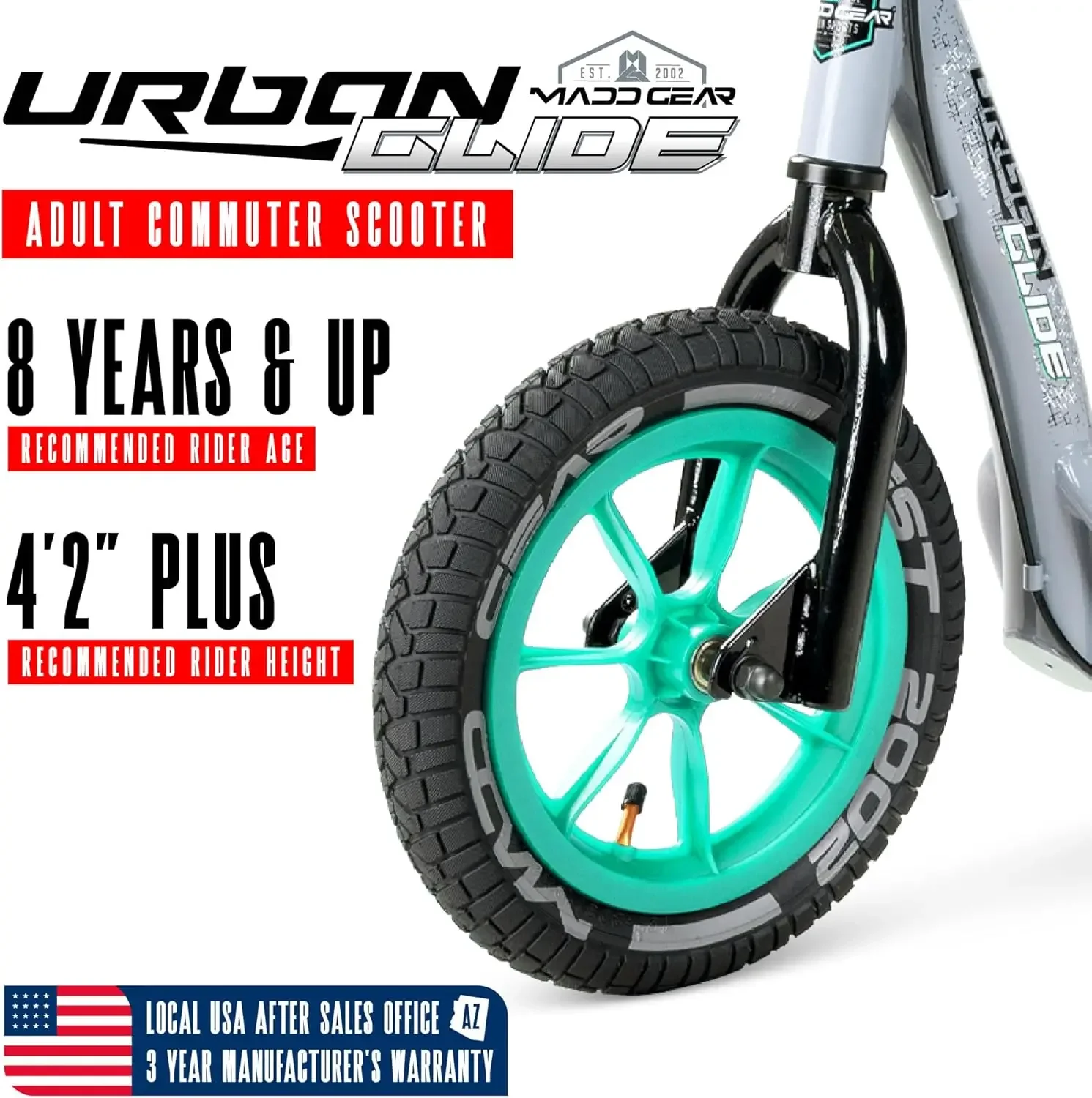 Grand trottinette pour adultes, adolescents et enfants de 8 à 12 ans avec béquille - Pneus remplis d'air de 12", pont large, cadre en acier léger - Urb