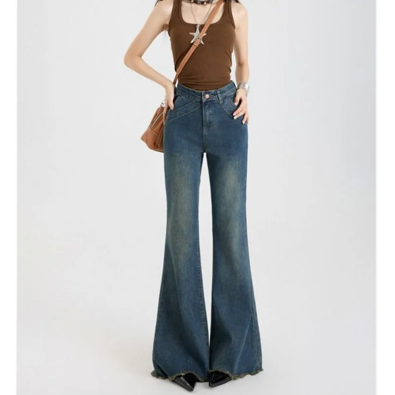 

Hot Sale Lady High Waist Thin Flared Jeans Girls Vintage Straight Leg Pants Women Fashion American High Solid Trousers
