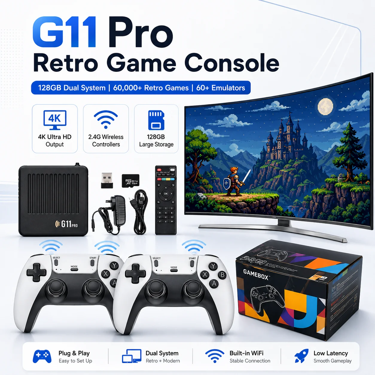 G11 Pro Game Box Dual System 4K HD Retro Game Console 2.4G Wireless Controller, Plug And Play Video Game Player Support Multiple