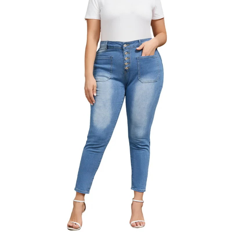 سراويل نسائية بمقاسات كبيرة، جينز ضيق مقاس 9 بوصة، سراويل مغسولة بإبزيم أظافر، جينز موضة صيف 2025