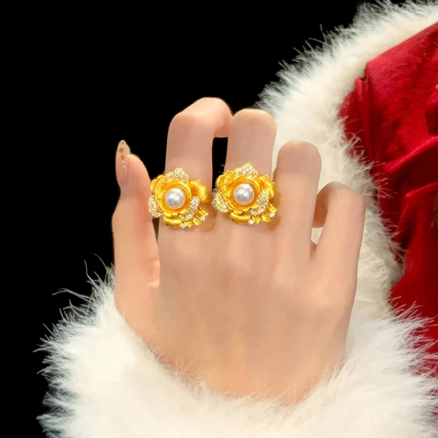 

Gold Shop Same Style 9999 24K Real Gold Women's Gold Ring with Adjustable Opening, Rose Set Diamond Fashion Birthday Gift, Beaut