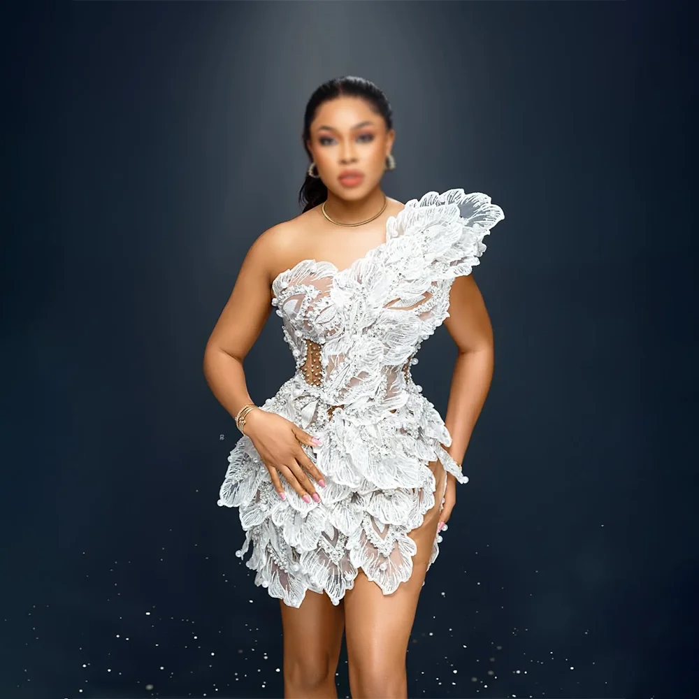 فساتين سهرة قصيرة لحفلات الكوكتيل فساتين حفلات صغيرة مطرزة باللؤلؤ بكتف واحد حسب الطلب