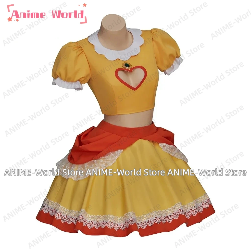 《Custom size》Princess Cosplay Peach Daisy Costume Women\'s Orange Crop Top Skirts Ball Gown Role Play Dress Halloween Party Wig