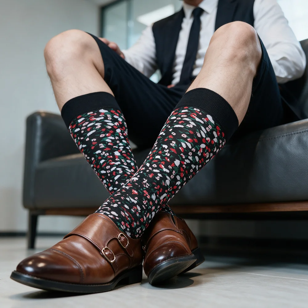 Men's Floral Dress Socks Black Green Toe Business Formal Crew Socks Vintage Colorful Flower Pattern Cotton Socks for Office Suit