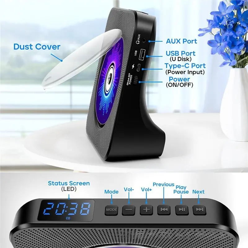CD Player,Stereo Dual Speakers, FM Radio, Audio Input, MP3 Player, Remote Control, Dual Wireless Receiving Modes EU Plug-Y44A