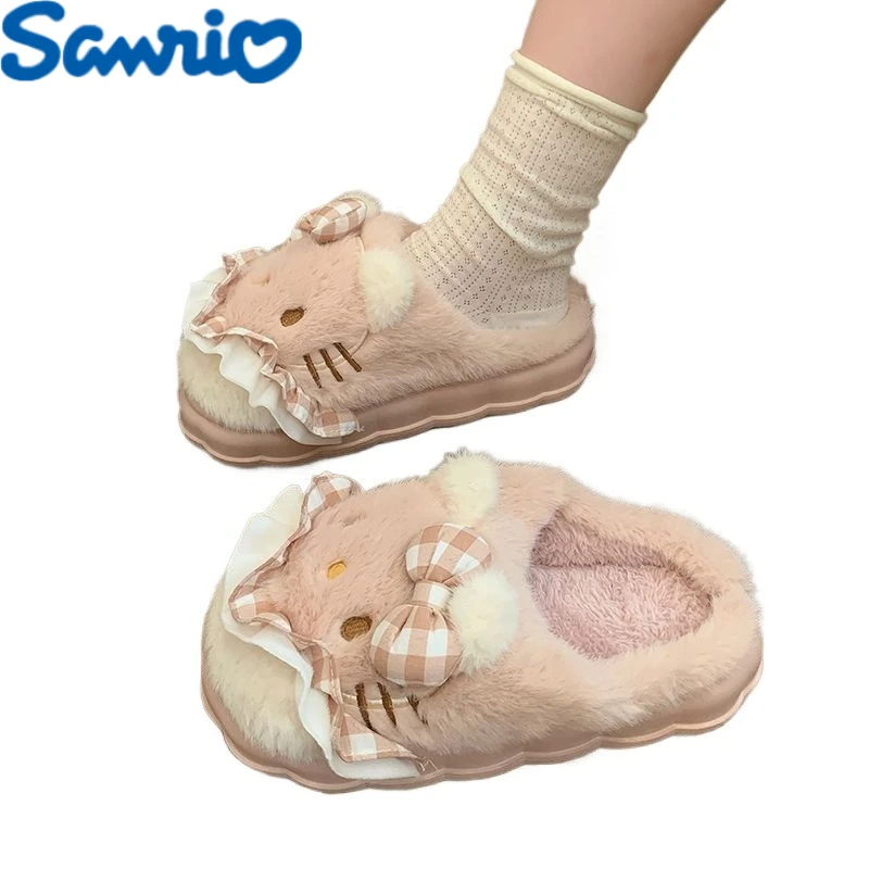 

Cute Cartoon Hello Kitty Cotton Slippers Non-Slip Plus Velvet Thickened Winter Home Slippers Outdoor Casual Warm Furry Slippers