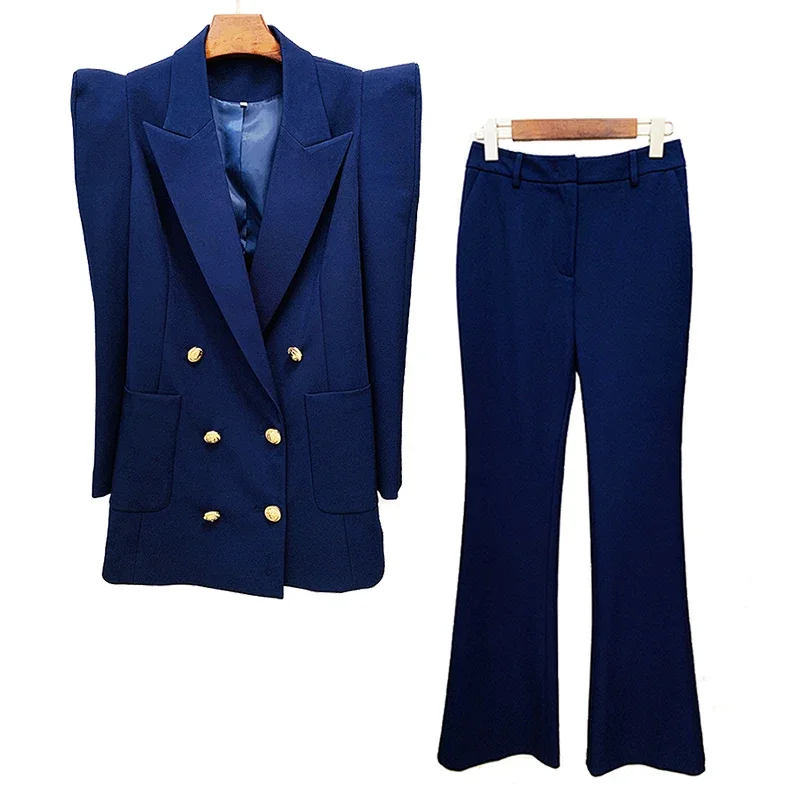 

Blazer Pantsuits Sets Navy Blue Shrug Jacket New Design Double Breasted Button Office Business Trousers Piece Suit Blazer Pants