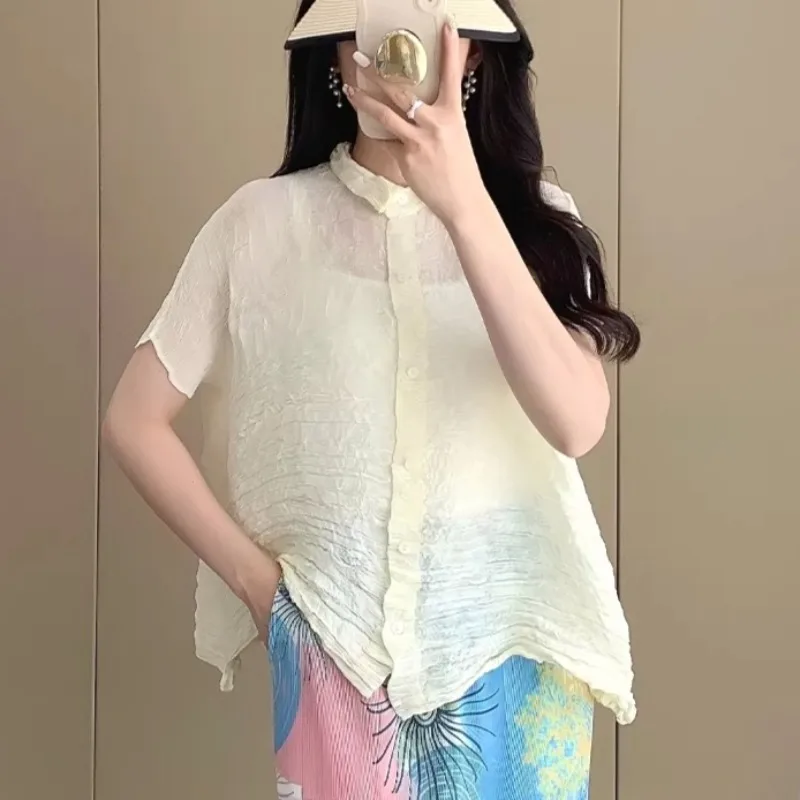 

Miyake 2026 Summer Collection New Pleated Shirt Jacket Short-Sleeve Sun-Protective Top Women Cardigan Lightweight Transparent